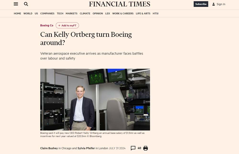 Financial Times Article Featuring Kelly Ortberg Named CEO of Boeing